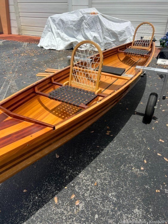 Canoe Wooden Boat 15' USA New with engine with accessories-img-4