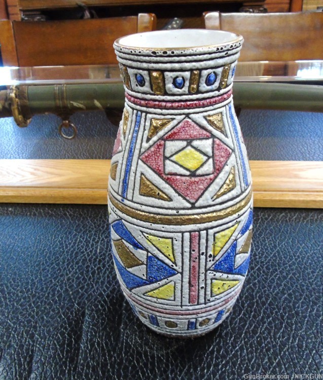 Vintage MCM Italian vase Multicolored salt Glaze Gold with geometric design-img-2