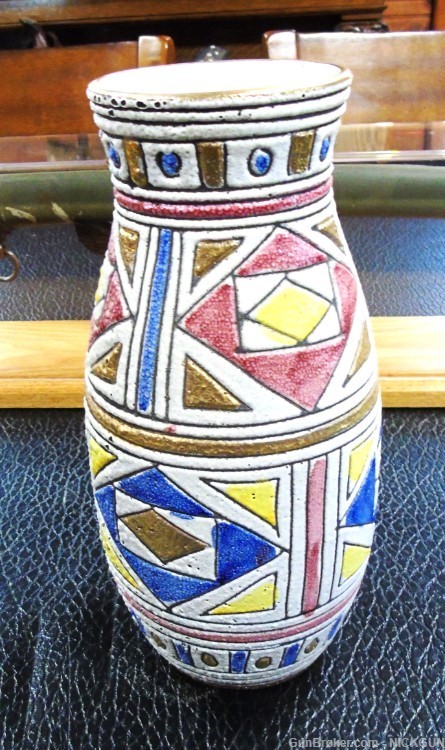 Vintage MCM Italian vase Multicolored salt Glaze Gold with geometric design-img-3