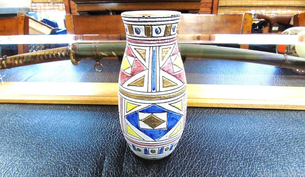Vintage MCM Italian vase Multicolored salt Glaze Gold with geometric design-img-0