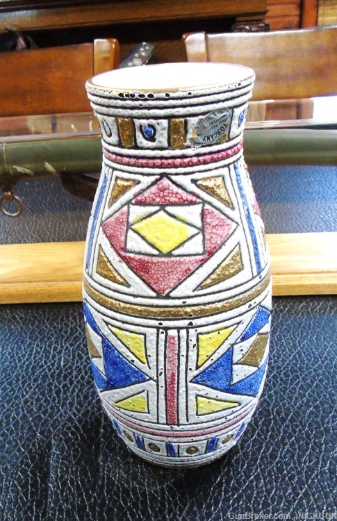 Vintage MCM Italian vase Multicolored salt Glaze Gold with geometric design-img-1