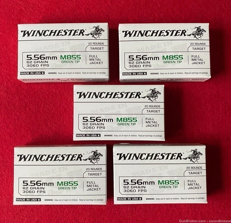 WINCHESTER GREEN TIP M855 5.56 .223 RIFLE AMMO 100 RDS 5 SEALED BOXES-img-0
