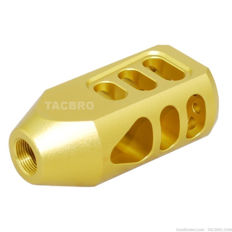 TACBRO Gold Ruger PC Carbine 9MM Muzzle Brake 1/2"x28 TPI w/ Jam Nut-img-1