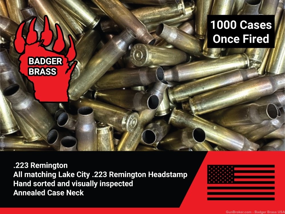 .223 Remington Lake City Brass.1000 Once Fired,Matching Head Stamp,Annealed-img-0