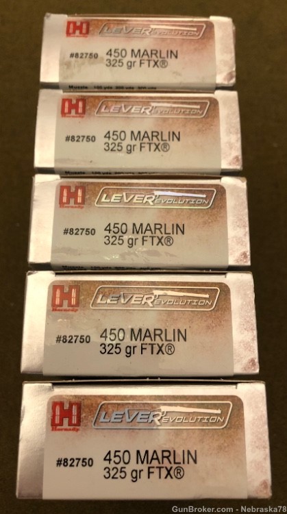 100 rounds five boxes new Hornady .450 Marlin 325g FTX LeverEvolution 82750-img-0