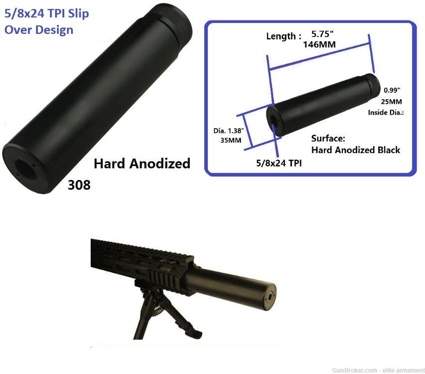 5.75" Fake Can Suppressor Slip Over Barrel Style 5/8x24 TPI Black Aluminum -img-0
