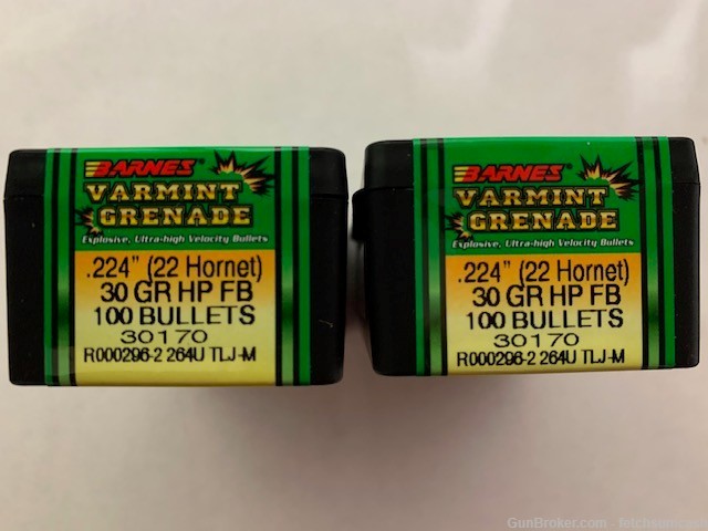 200 Count Barnes 22cal 30gr GR HP FB part 30170 22 Hornet Varmit Grenade-img-0