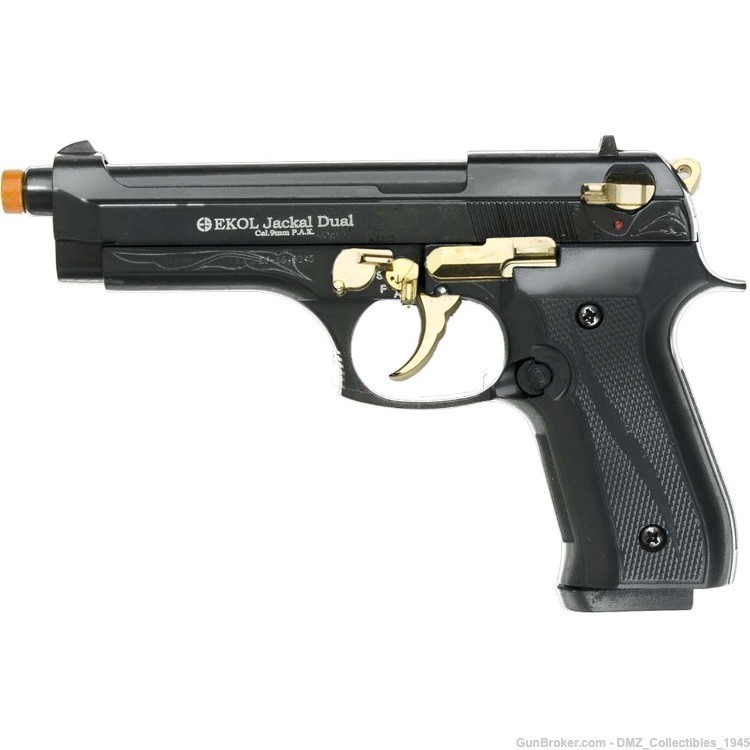 Jackal Full Automatic 9mm Front Firing Black/ Gold Blank Gun + 100 Rounds-img-0