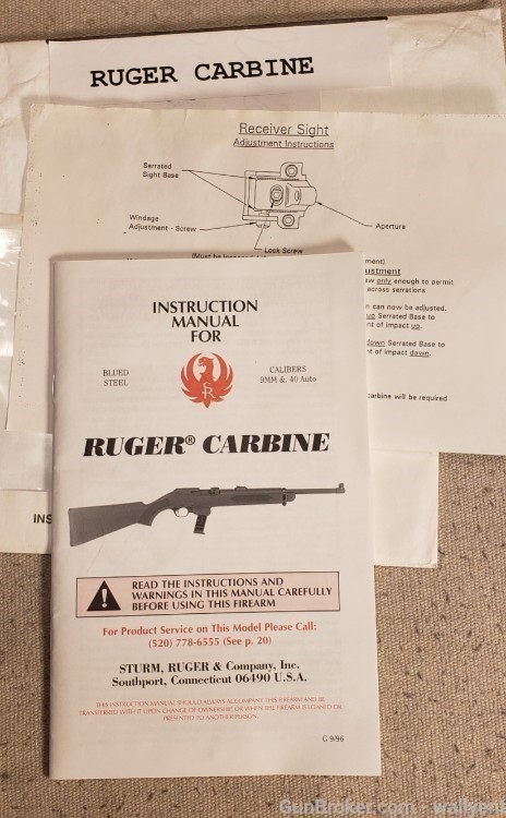 Ruger Carbine Manual G 9/96 Factory Original plus other papers very nice-img-1