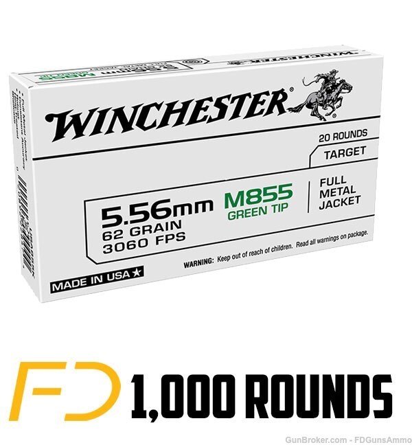 Winchester M855 Green Tip 5.56x45mm NATO 62 gr FMJ 1000 Round Case-img-0