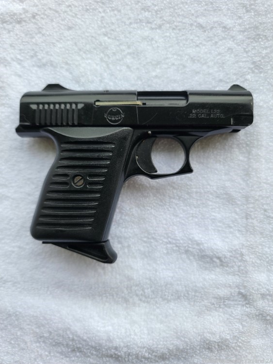 Lorcin L22 .22LR semi auto pistol, black w/orig box, like new-img-2
