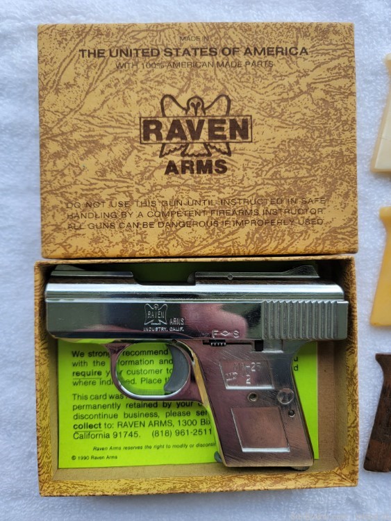 Raven MP-25 .25 acp semi auto pistol w/box, 3 sets of grips-img-1