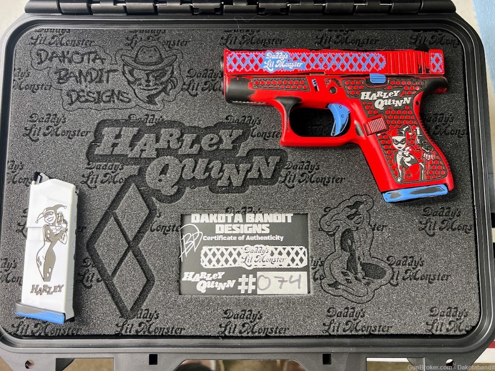 Harley Quinn Glock 42 380acp Engraved and Cerakoted with Custom Case-img-0