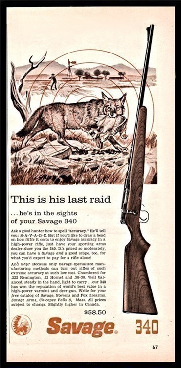 1959 SAVAGE 340 Rifle PRINT AD Fox w/chicken-img-0