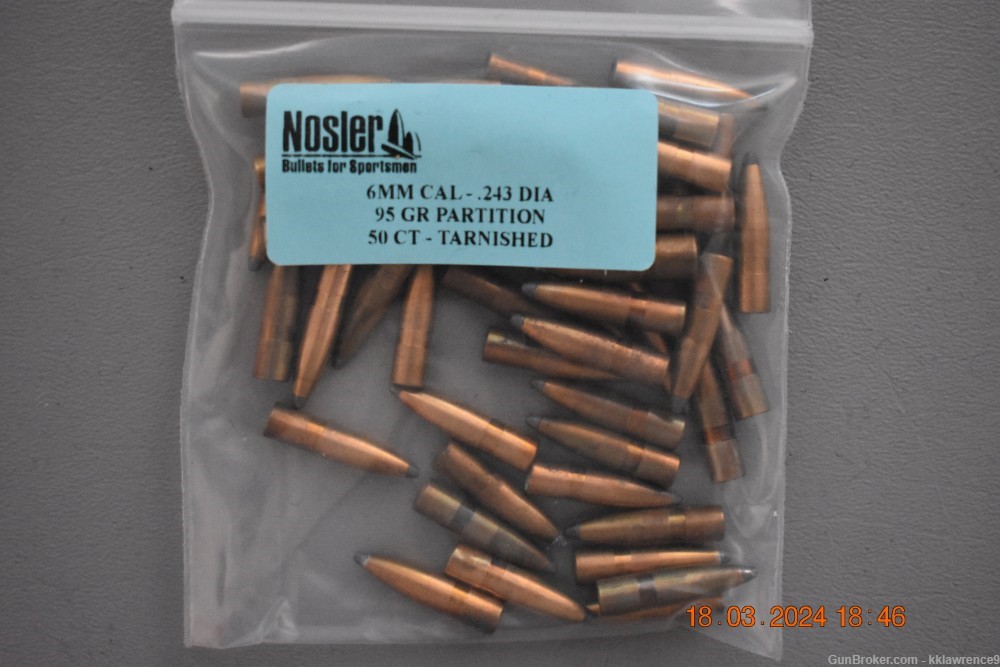 NOSLER 6MM CAL .243 DIA - 95 GR PARTITION (OLD STYLE) TARNISH - 50 CT-img-0