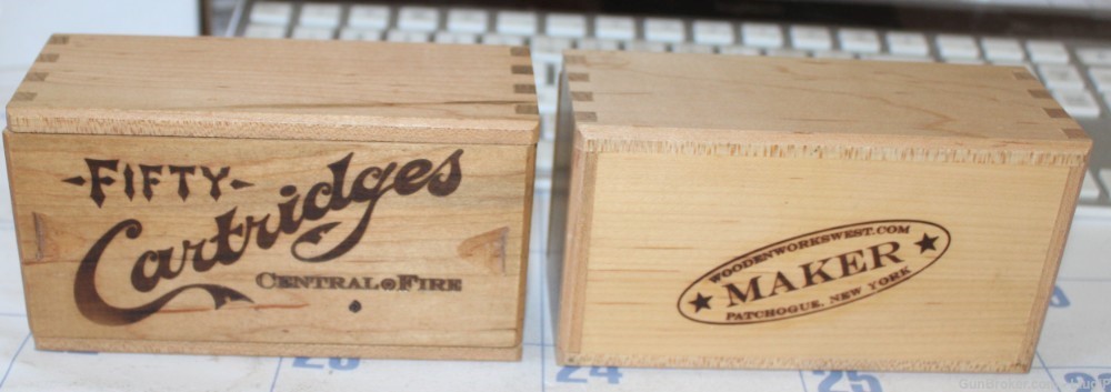 REDUCED - Two Wooden Works West 38 Caliber 50-Round Wooden Ammo Boxes-img-0
