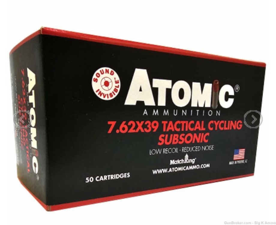ATOMIC ammo 7.62x39 SUBSONIC 50Rds NoCCFees low noise reduced recoil-img-0