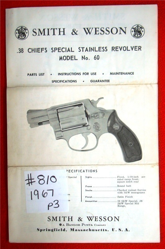 Orig S&W Model 60 Owners Instruction  Manual 1967-img-0