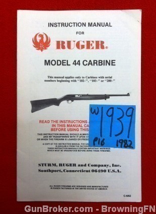 Orig Ruger Model 44 Owners Manual 1982-img-0