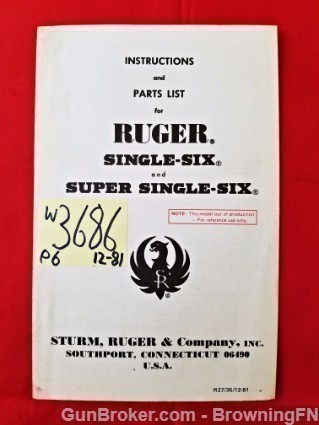 Orig Ruger Super Single-Six Owners Instruction Manual 12-81-img-0