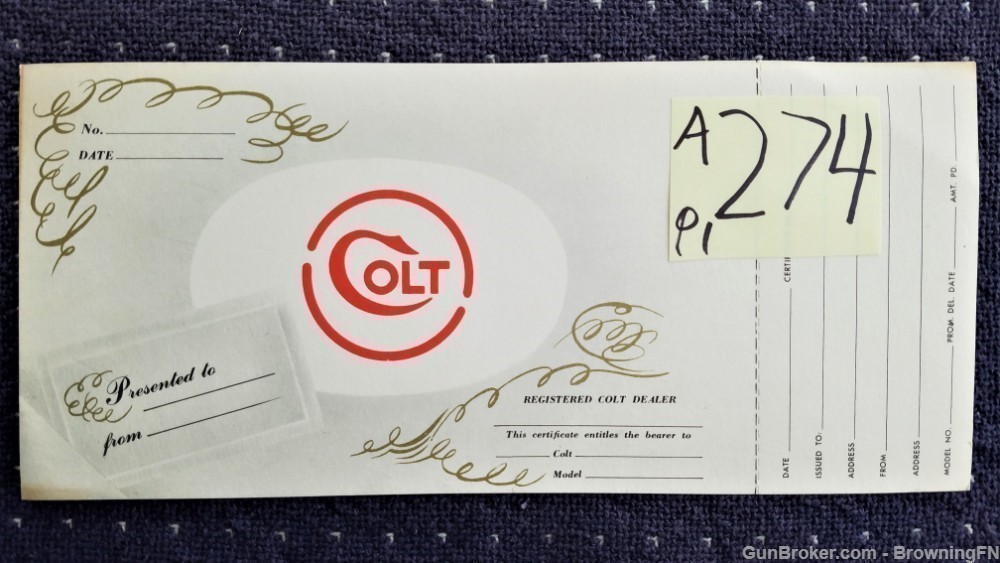 Orig Colt Registered Dealer Card-img-0