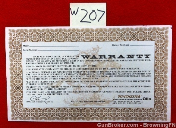 Orig Blank Winchester Warranty Card-img-0