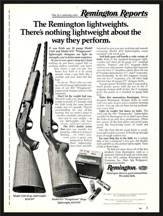 1974 REMINGTON Model 1100 & 870 Shotgun AD-img-0