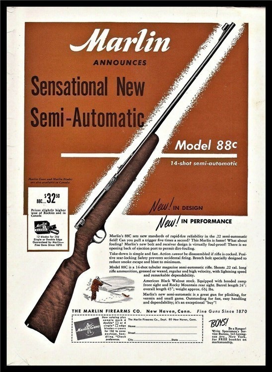1949 MARLIN Model 88C Semi-Automatic Rifle Vintage Print Gun AD Advertising-img-0