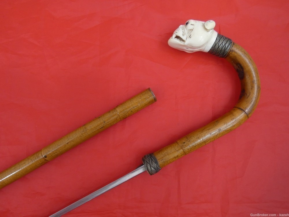 Antique Figural Sword Cane / Walking Stick / Carved Bulldog / dagger blade-img-0