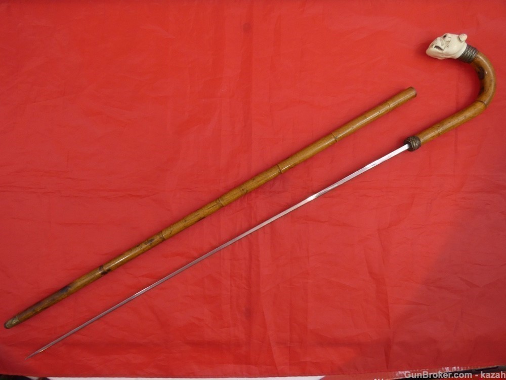 Antique Figural Sword Cane / Walking Stick / Carved Bulldog / dagger blade-img-2