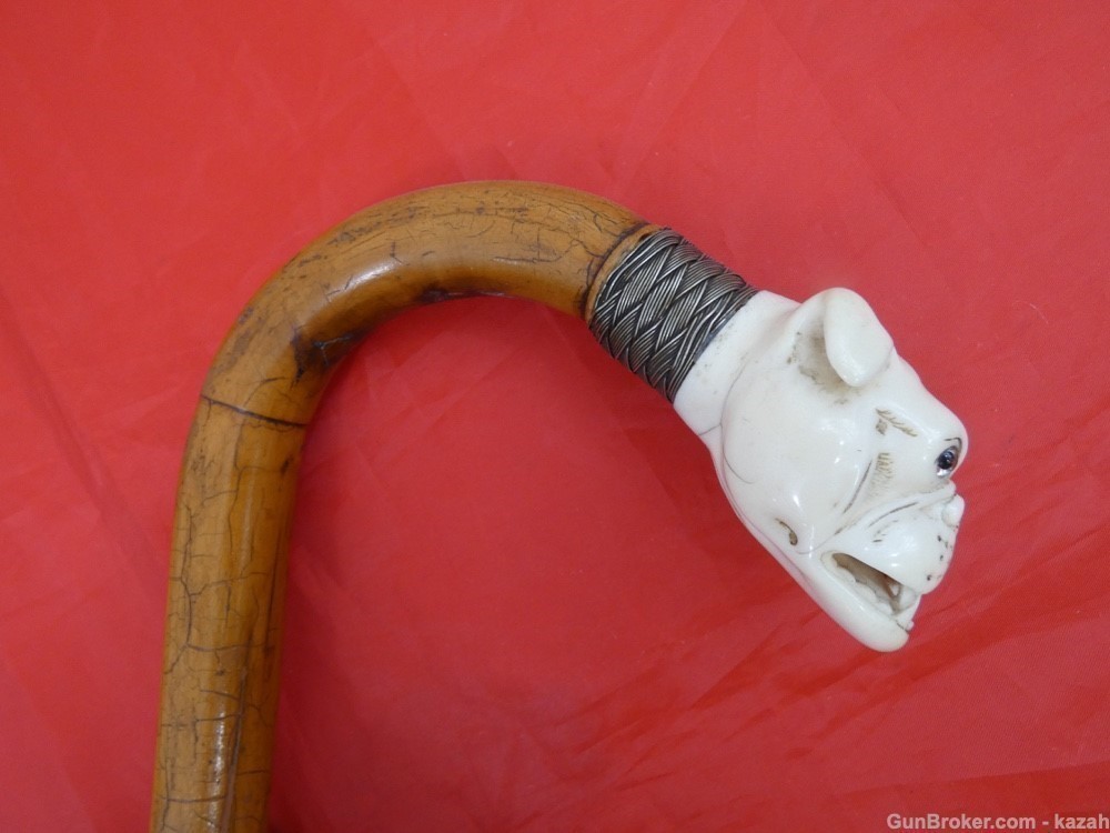 Antique Figural Sword Cane / Walking Stick / Carved Bulldog / dagger blade-img-3