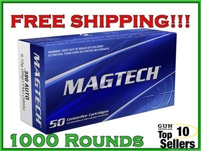Magtech 380ACP FMJ Brass 95gr Ammo 380A 1000 ROUND CASE FREE SHIPPING!