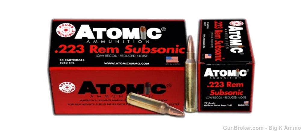 Atomic Ammunition Subsonic 223 Remington 77 Gr Hollow Point Boat Tail 50 Rd-img-1