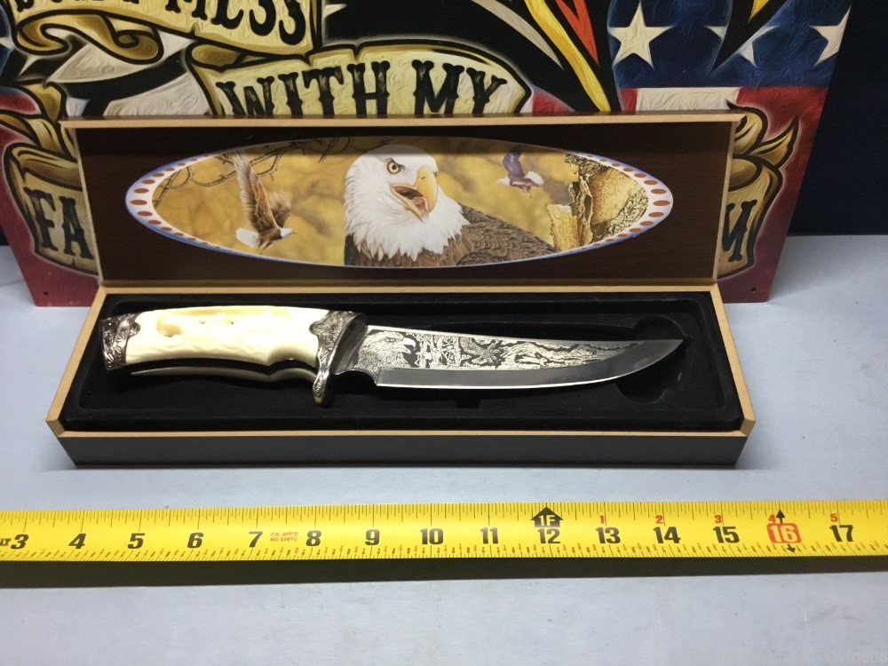 Fixed Blade Eagle Art Collector Knife Stainless Steel 12" OVl Wood Case NIB-img-6