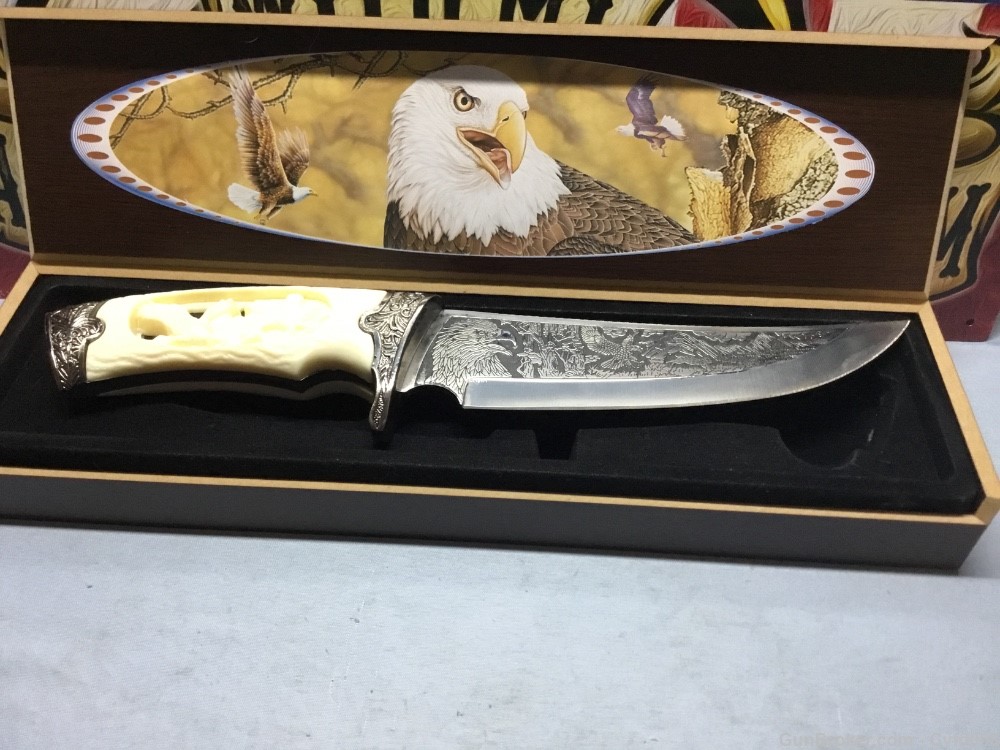 Fixed Blade Eagle Art Collector Knife Stainless Steel 12" OVl Wood Case NIB-img-5