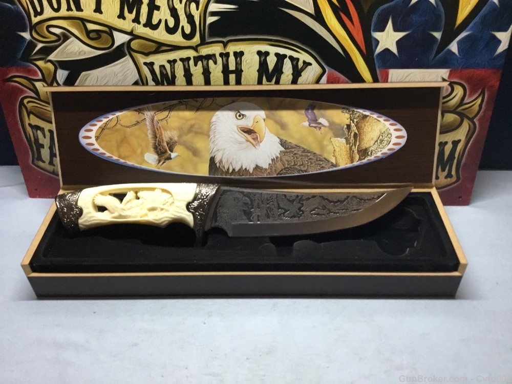 Fixed Blade Eagle Art Collector Knife Stainless Steel 12" OVl Wood Case NIB-img-1