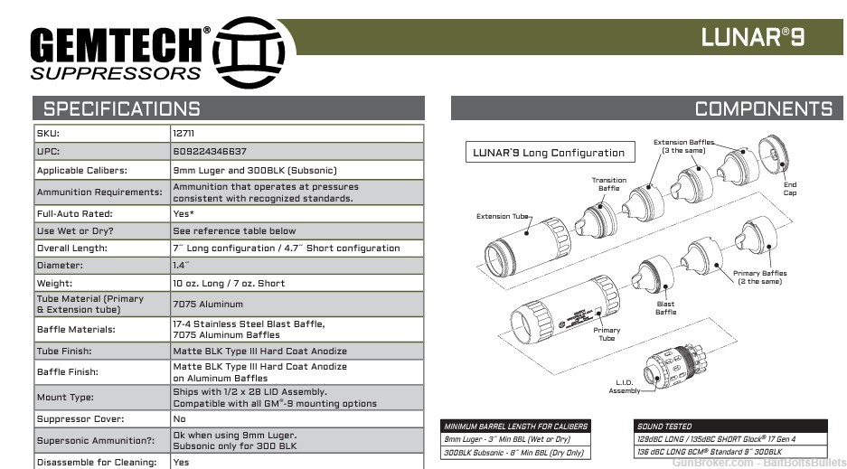 Gemtech 12711 Lunar-9 9mm Luger 1.40" Black Hardcoat Anodized Aluminum 1/2"-img-1