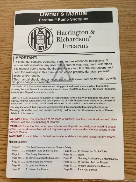 H&R HARRINGTON & RICHARDSON MODEL PARDNER PUMP SHOTGUN MANUAL (710)-img-0