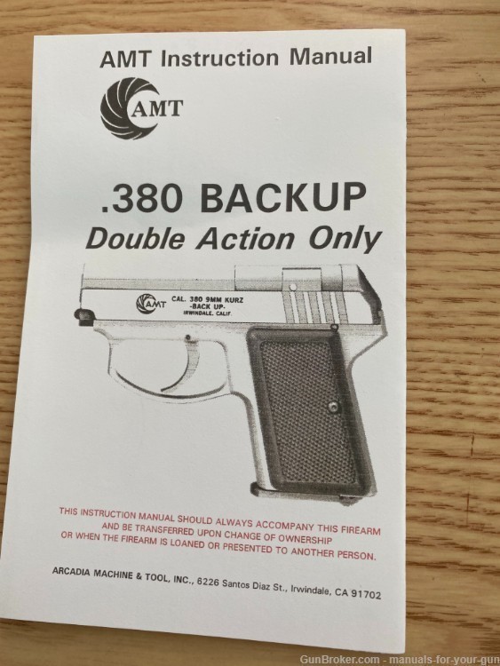 AMT .380 BACKUP PISTOL DOUBLE ACTION ONLY MANUAL  (670)-img-0
