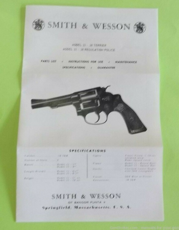 SMITH & WESSON MOD 32-.38 TERRIER/MOD 33-.38 REGULATION POLICE MANUAL (607)-img-0