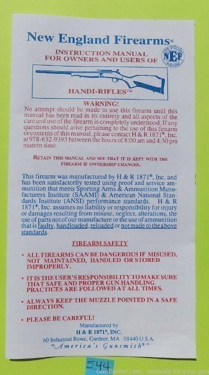 H & R and NEW ENGLAND FIREARMS HANDI-RIFLES OWNER'S MANUAL (544)-img-0