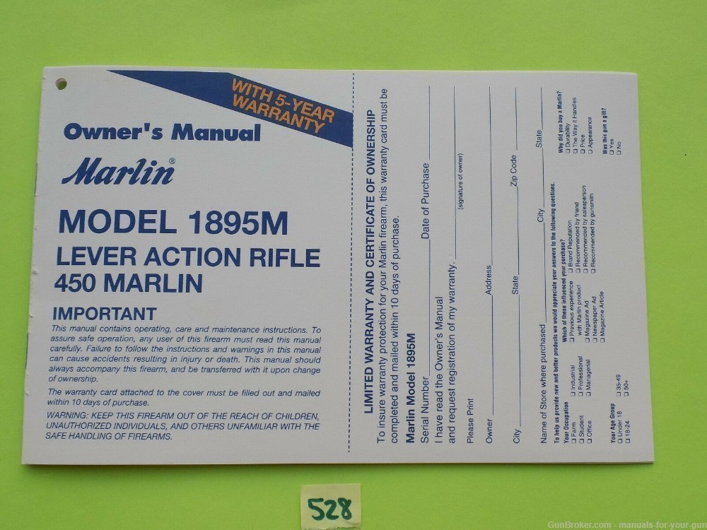 450 Marlin 1895M Lever Action Rifle OWNERS MANUAL (528)-img-0
