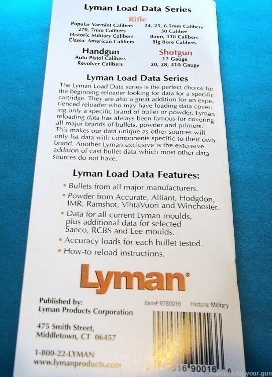 LYMAN LOAD DATA -COMPLETE RELOADING DATA HISTORICAL MILITARY CALIBERS (406)-img-1