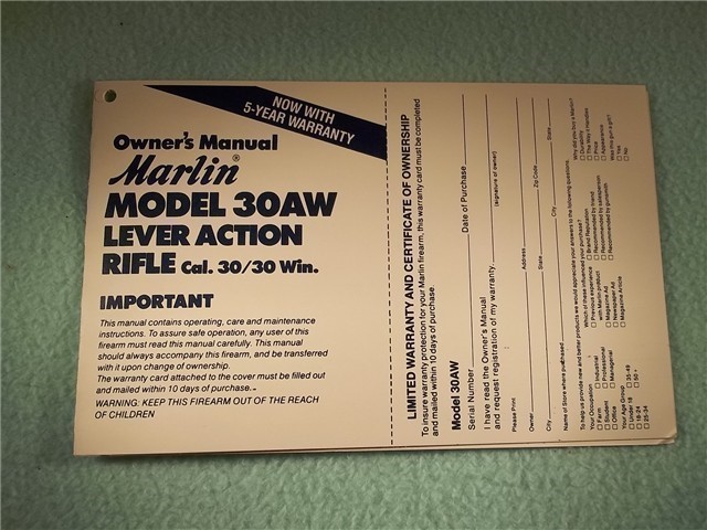 Marlin Model 30 AW 30/30 LEVER ACTION RIFLE MANUAL (402)-img-0