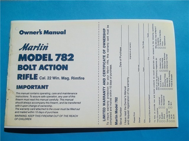 MARLIN 782 Owners Manual 22 MAG - dated 1986 (375)-img-0