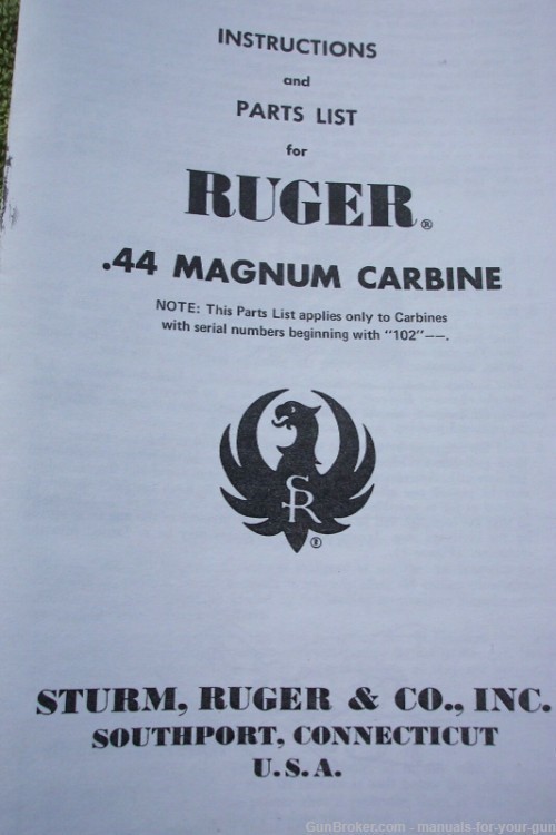 1975 RUGER .44 MAGNUM CARBINE INSTRUCTION MANUAL & PARTS LIST (3)-img-0