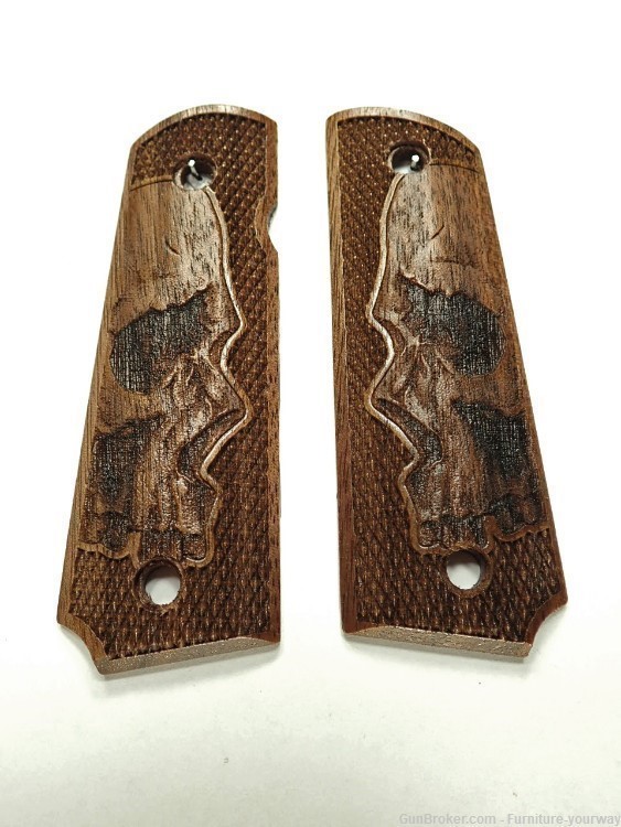 -Walnut Skull Checkered Grips for Browning 1911-22 1911-380 Grips-img-0