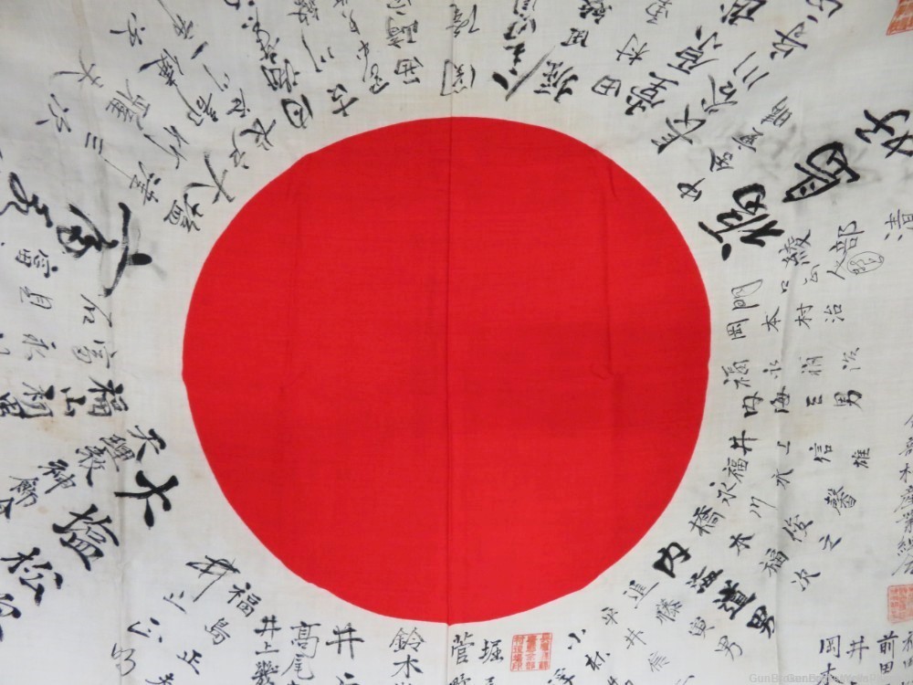 JAPANESE WWII HINOMARU MEATBALL FLAG W/ SIGNED KANJI & TEMPLE STAMPS-img-12