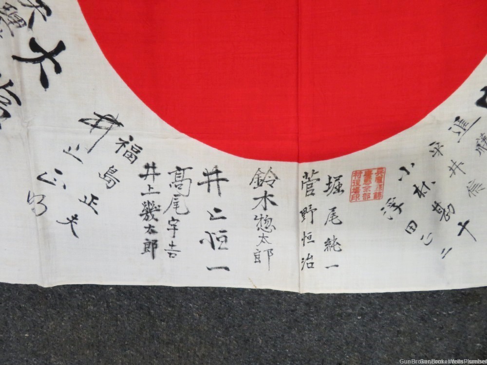 JAPANESE WWII HINOMARU MEATBALL FLAG W/ SIGNED KANJI & TEMPLE STAMPS-img-4