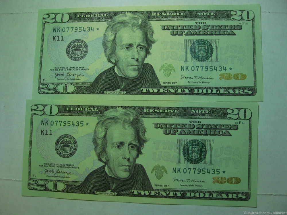 Twenty Dollar Bills 2x Gem Star FRN Consecutive Serial Numbers NK 07795434--img-0